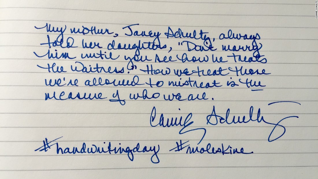 On January 23, the birthday of John Hancock (the guy with the most famous signature ever), America celebrates National Handwriting Day. The notebook company Moleskine encourages social media users to post a handwritten note using the hashtags #handwritingday and #moleskine.  Here, writer Connie Schultz shares homespun wisdom from her mother, Janey. Click through for more examples from writers, actors and other well-known Americans.