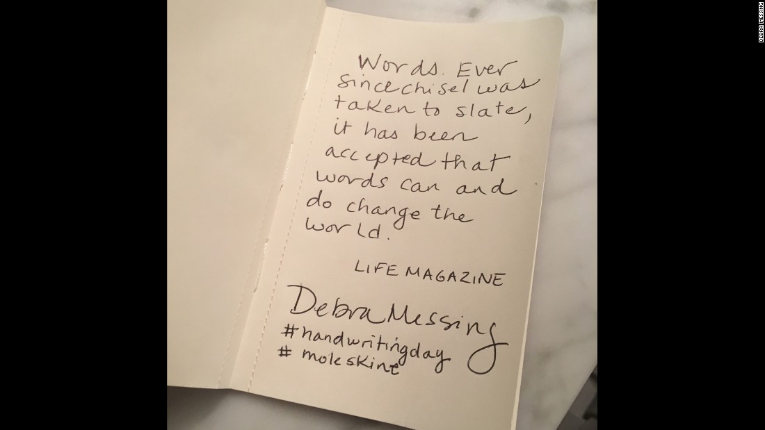 Actress Debra Messing copies an inspiring quote on the written word from &quot;Life&quot; magazine.