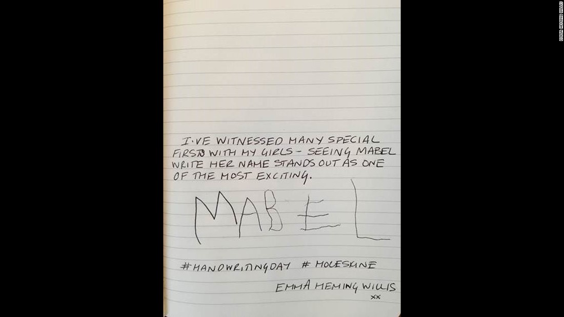 Model and actress Emma Heming Willis, wife of Bruce Willis, shares a sample of her daughter Mabel&#39;s penmanship.