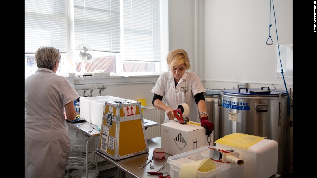 Jensen, left, and Mette Thygesen pack sperm so it can be shipped.