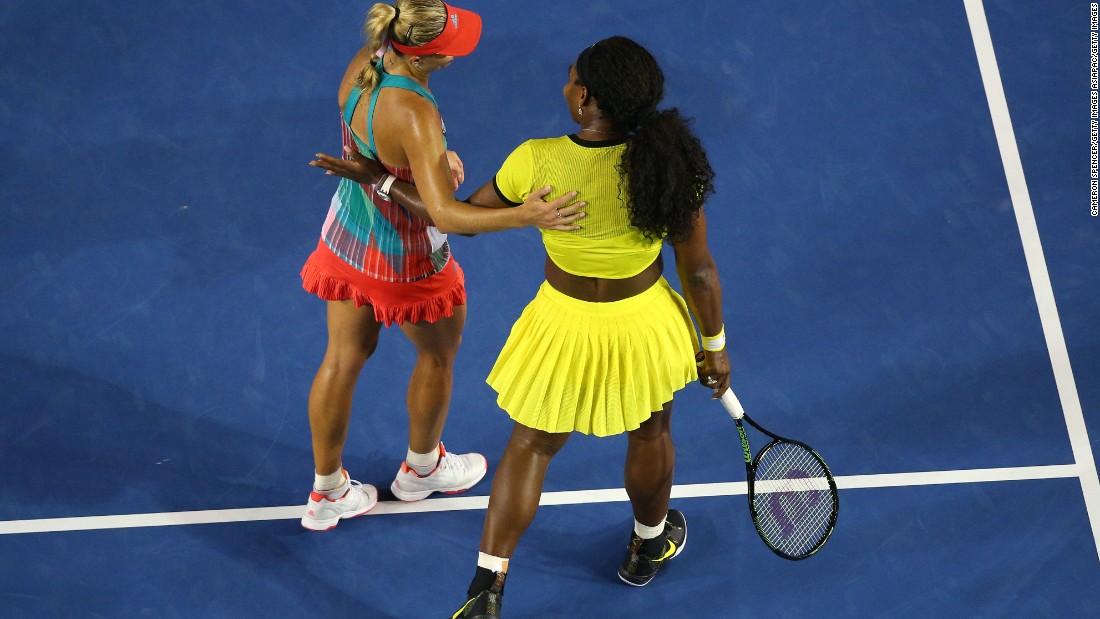 Kerber is sportingly congratulated by Williams after closing out victory in the third set.