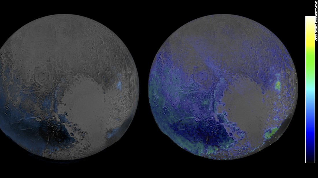 This image made in infrared light shows water ice is abundant on Pluto&#39;s surface. The image was created using two scans of Pluto made by the New Horizons spacecraft on July 14, when the probe was about 67,000 miles (108,000 kilometers) above Pluto. 