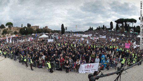 Thousands of demonstrators take part in the Family Day rally at the Circo Massimo in central Rome, on January 30, 2016.
The Family day was organised to protest against a bill to recognize civil unions, including same-sex ones currently under examination at the Italian Parliament.   / AFP / ANDREAS SOLARO        (Photo credit should read ANDREAS SOLARO/AFP/Getty Images)