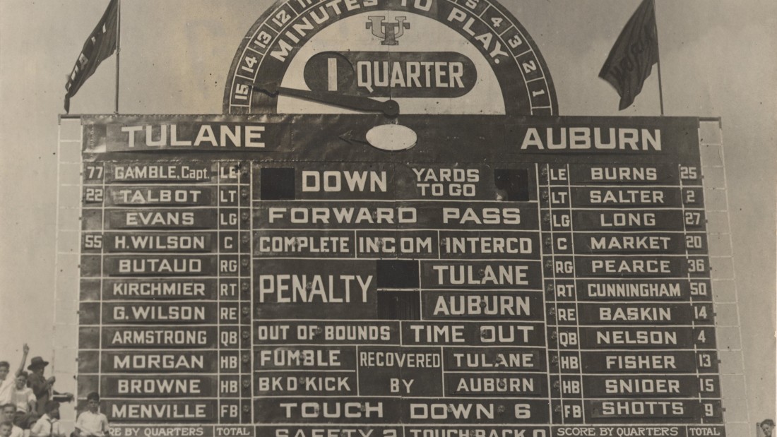 Tulane Stadium&#39;s scoreboard -- famous for its confusing layout -- was a signature feature of the old facility. It was salvaged by a Tulane employee before the stadium&#39;s demolition in 1979.