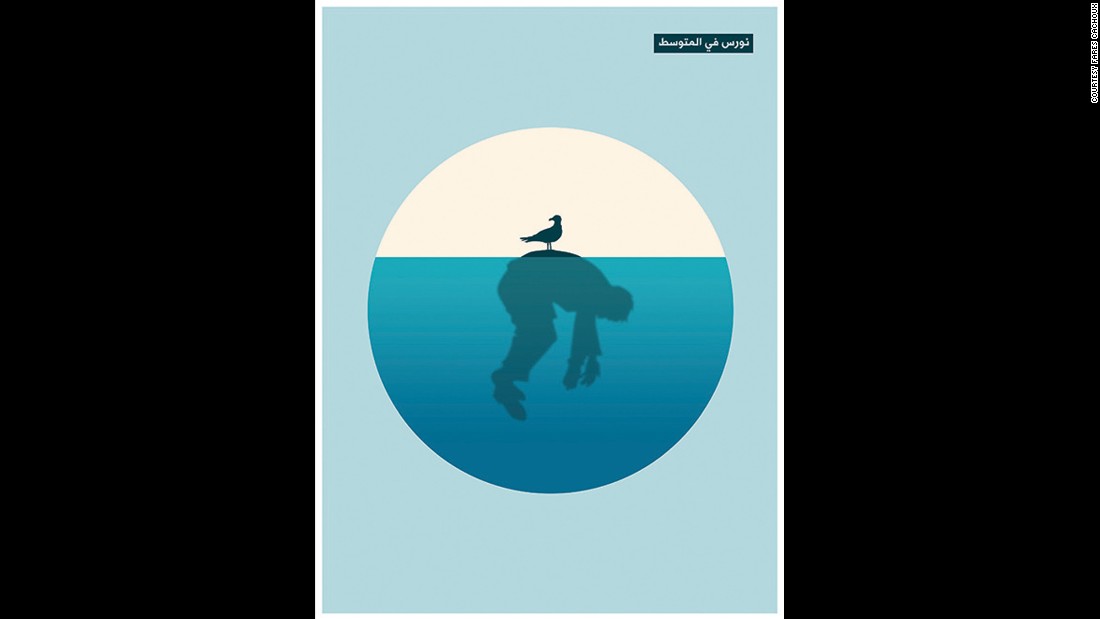 The posters by Fares Cachoux are simple and haunting. Though he was living abroad as the civil war broke out in his homeland, he wanted to show the world the stories coming out of Syria. His most recent poster reflects on what the International Organization for Migration says were nearly 1 million refugees who have attempted to cross the Mediterranean in 2015 for safer land. Half of these people are Syrian. &quot;The sea graveyard for countless Syrians attempting to cross to escape DEATH. ... She awaits in the depths of the waves of the Mediterranean,&quot; the caption reads in French below the work he sent to CNN.