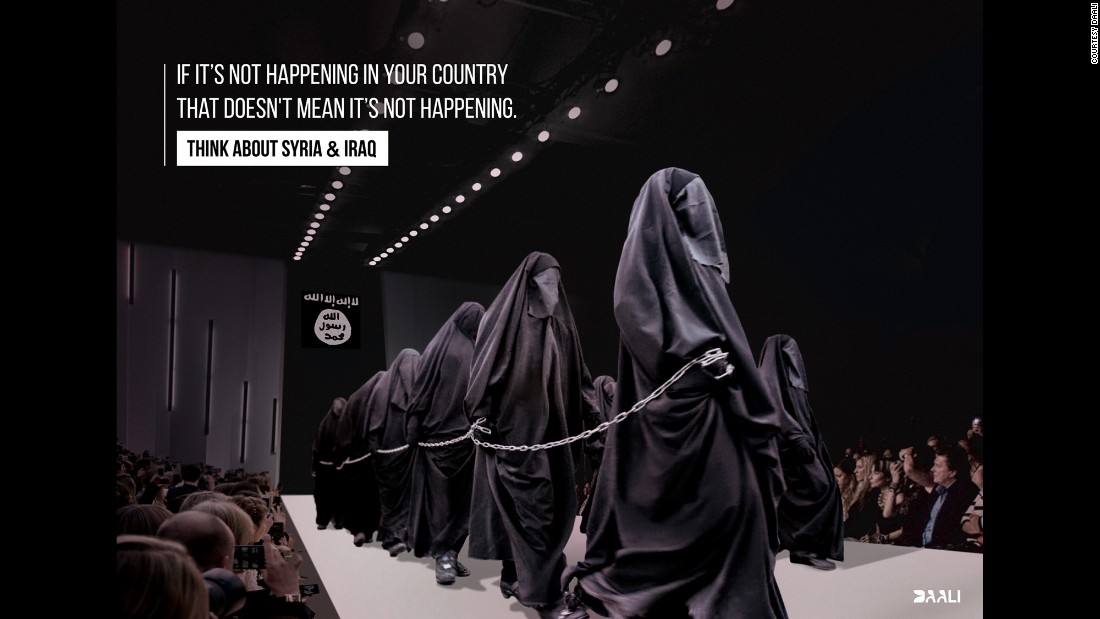 An anonymous anti-war artist whose Facebook handle is DAALI has a series of works captioned, &quot;If it&#39;s not happening in your country that doesn&#39;t mean it&#39;s not happening.&quot; Many of them reference scenes of oppression in from Syria transferred to a Western event or location. In this case, women wearing niqabs and gloves -- clothing forced onto them in ISIS-controlled areas -- march on a fashion runway. An ISIS flag hangs in the back. Since the emergence of the Islamic State in Iraq and Syria, reports of rape, slavery and extreme oppression have filtered out of the group&#39;s tightly controlled territory. ISIS also claims more than 100 female foreign recruits, the majority of them from Europe.