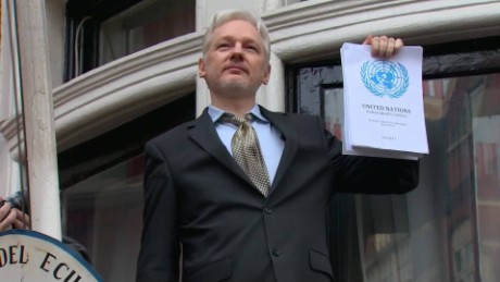 Julian Assange in February touts a U.N. panel ruling from a balcony at Ecuador&#39;s Embassy in London.