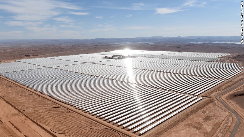 The world's largest concentrated solar power (CSP) plant, called the Noor Complex, is being built in the Moroccan desert. Noor 1, the first phase of three, is located near the town of Ouarzazate on the edge of the Sahara.&lt;br /&gt;&lt;br /&gt;It was switched on in February, 2016, and provides 160 megawatts of the project's planned 580 megawatt capacity. It's set to be completed by the end of 2018. The project is expected to provide electricity for over 1 million people.
