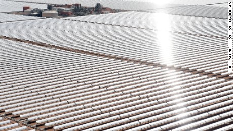 An aerial view of the solar mirrors at the Noor 1 Concentrated Solar Power (CSP) plant, some 20km (12.5 miles) outside the central Moroccan town of Ouarzazate.