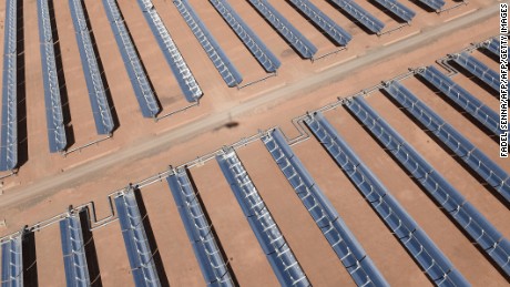 An aerial view of the solar mirrors at the Noor 1 concentrated solar power plant 