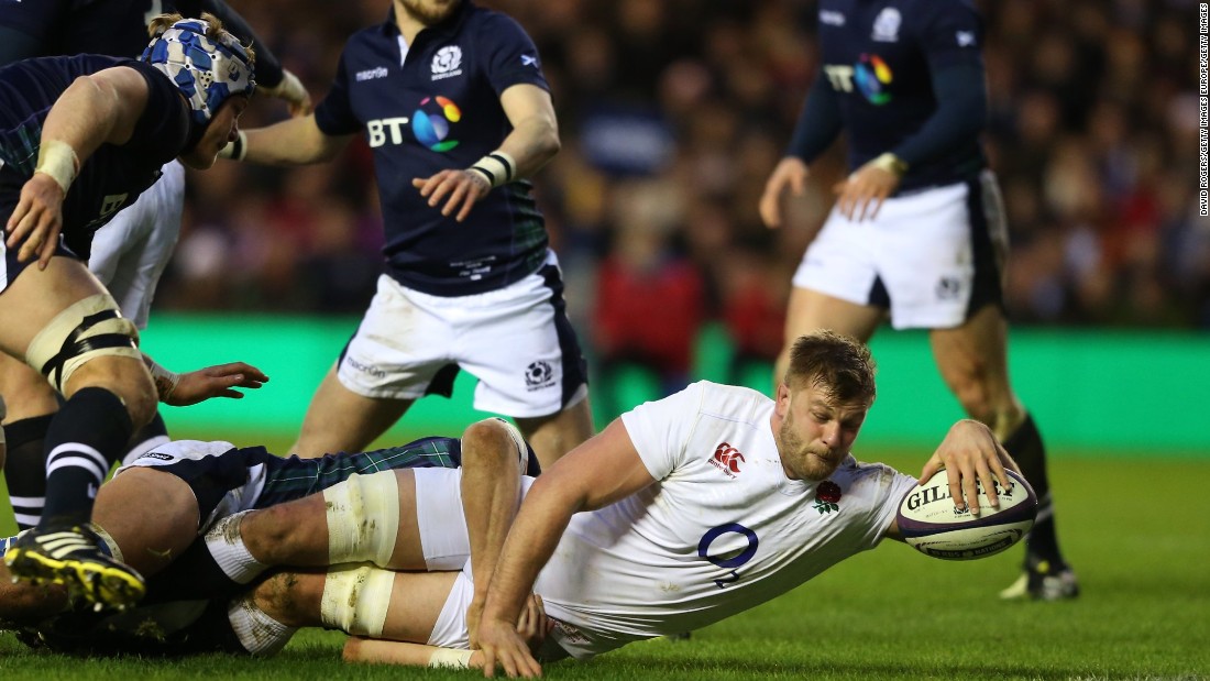 Lock George Kruis of England crashes over to score the opening try during the RBS Six Nations match between Scotland and England at Murrayfield Stadium on February 6, 2016 in Edinburgh, Scotland.