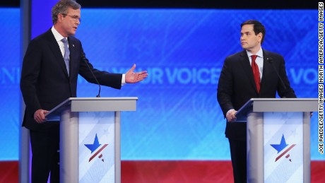 MANCHESTER, NH - FEBRUARY 06:  Republican presidential candidates Jeb Bush and Sen. Marco Rubio (R-FL) participate in the Republican presidential debate at St. Anselm College February 6, 2016 in Manchester, New Hampshire. Sponsored by ABC News, the Independent Journal Review and Google, this is the final televised debate before voters go to the polls for the New Hampshire primary on February 9.  (Photo by Joe Raedle/Getty Images)