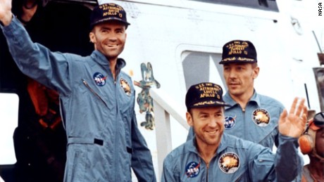The crew of Apollo 13 after splashdown, from left to right: Fred Haise, Jim Lovell, and John Swigert. Apollo 13 was scheduled to be the third lunar landing mission. The crew launched on April 11, 1970, but two days later and about 205,000 miles from Earth the service module oxygen tank ruptured, crippling the spacecraft. &quot;Houston, we&#39;ve had a problem,&quot; Lovell said. Instead of landing, the crew did a flyby and came home, safely splashing down in the Pacific on April 17. Lovell&#39;s book &quot;Lost Moon&quot; became the basis for the motion picture &quot;Apollo 13.&quot;