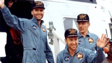 The crew of Apollo 13 after splashdown, from left to right: Fred Haise, Jim Lovell, and John Swigert. Apollo 13 was scheduled to be the third lunar landing mission. The crew launched on April 11, 1970, but two days later and about 205,000 miles from Earth the service module oxygen tank ruptured, crippling the spacecraft. &quot;Houston, we&#39;ve had a problem,&quot; Lovell said. Instead of landing, the crew did a flyby and came home, safely splashing down in the Pacific on April 17. Lovell&#39;s book &quot;Lost Moon&quot; became the basis for the motion picture &quot;Apollo 13.&quot;