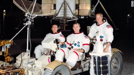 Apollo 15 was the first mission capable of a longer stay on the moon, and the crew had their own rover. From left: Jim Irwin, David Scott and Alfred Worden.