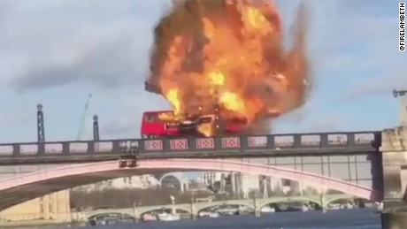 A screen grab of a video tweeted by a local London fire service, @FireLambeth, of a stunt bus blast.