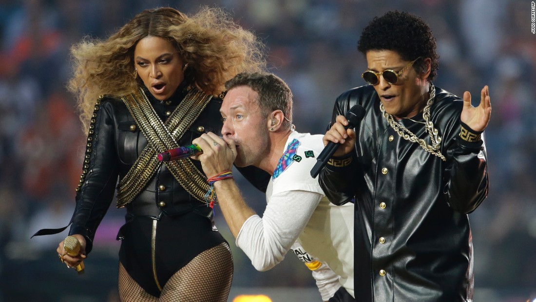 Beyonce, Chris Martin and Bruno Mars perform during &lt;a href=&quot;http://www.cnn.com/2016/02/07/entertainment/gallery/super-bowl-halftime-2016/index.html&quot; target=&quot;_blank&quot;&gt;the halftime show.&lt;/a&gt;