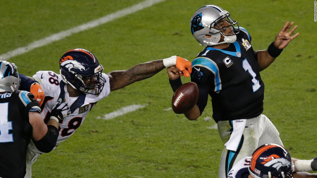 Miller strips the ball from Newton. He was named the game&#39;s &lt;a href=&quot;http://www.cnn.com/2015/01/25/us/gallery/super-bowl-mvps/index.html&quot; target=&quot;_blank&quot;&gt;Most Valuable Player&lt;/a&gt;.