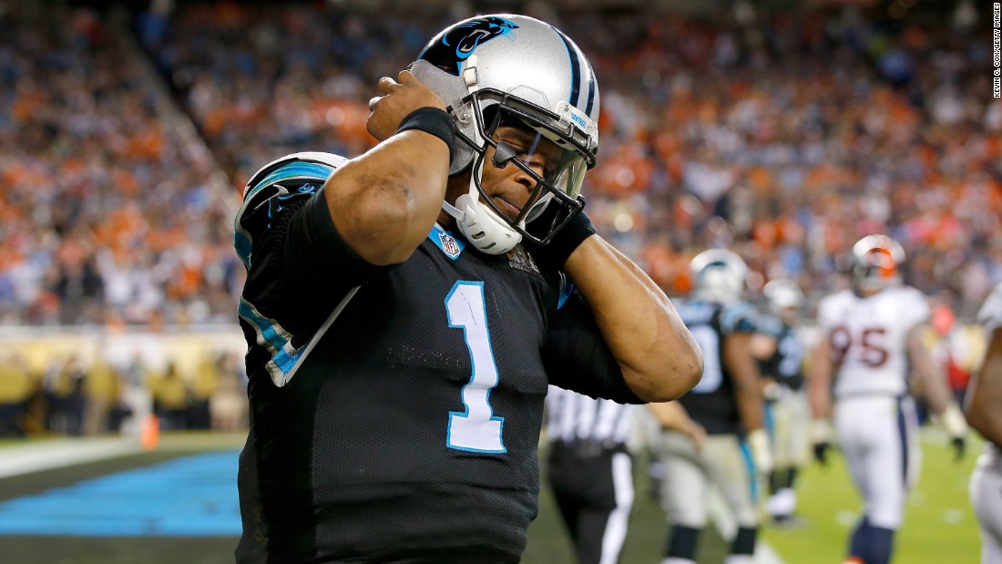 Panthers quarterback Cam Newton -- the league&#39;s Most Valuable Player this season -- reacts after a play in the fourth quarter. He was sacked six times by the dominant Denver defense, which was also credited with a sack on Ted Ginn Jr.