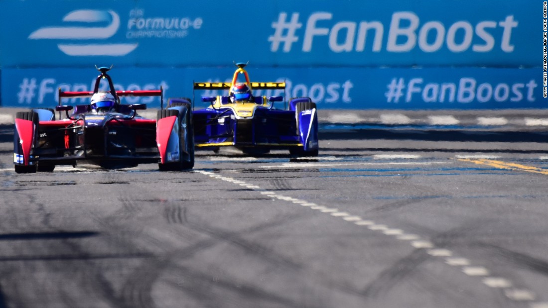Bird in his DS Virgin Racing car (left) and Sebastien Buemi of Renault e.dams fought an incredible battle in the closing laps of the race. The Swiss, who started from last place at the Puerto Madero Street circuit, couldn&#39;t find a way past and had to settle for second place.  