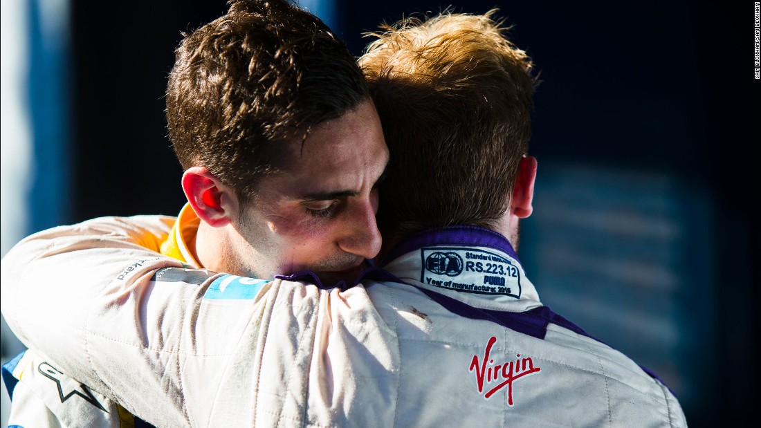 Sebastien Buemi (left) embraces Bird after the pair&#39;s epic battle at the Buenos Aires ePrix on Saturday. 