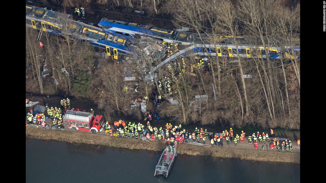 An aerial view of rescue workers at the collision site.