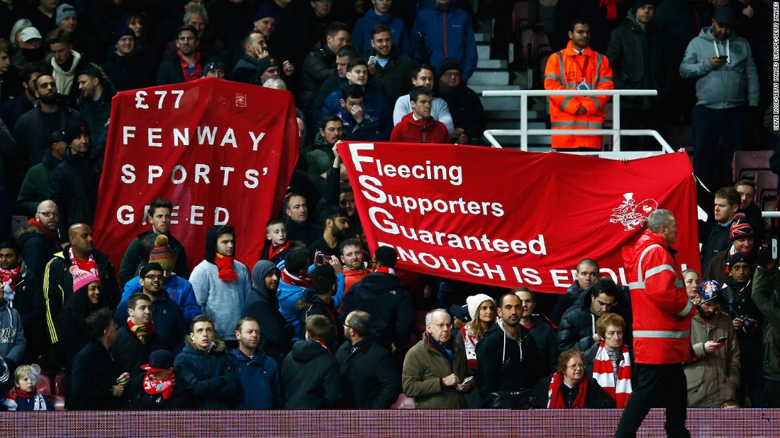 This was in protest against the recent announcement that match day tickets would increase to £77 ($111.80) and that Fenway Sports Group, Liverpool&#39;s owners, have introduced the first ever £1000 ($1450.10) season ticket. 