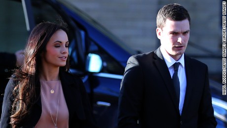 Adam Johnson arrives with girlfriend Stacey Flounders at the Crown Court on February 10, 2016 in Bradford, England. 