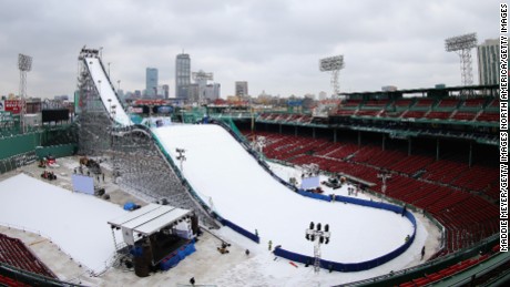 A view of the ski and snowboarding ramp at Fenway Park ahead of the Big Air at Fenway Event.