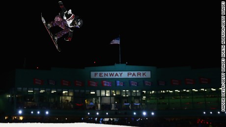 U.S. snowboarder Karly Shorr practices for the Ladies Snowboarding event at Fenway Park.