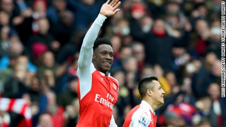 Danny Welbeck of Arsenal celebrates after scoring the winning goal in its 2-1 win over Leicester City in the top of the table clash at the Emirates.