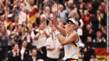 LEIPZIG, GERMANY - FEBRUARY 06:  Angelique Kerber of Germany celebrates victory in her match against Timea Bacsinszky of Switzerland during Day 1 of the 2016 Fed Cup World Group First Round match between Germany and Switzerland at Messe Leipzig on February 6, 2016 in Leipzig, Germany.  (Photo by Dennis Grombkowski/Bongarts/Getty Images)