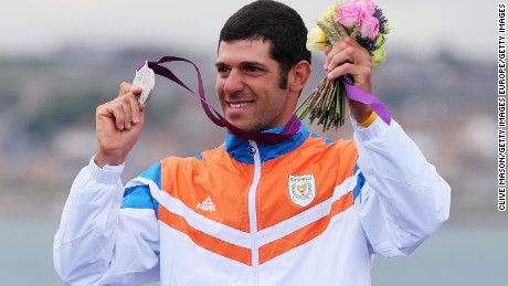 Pavlos Kontides celebrates winning the silver medal in the Men&#39;s Laser Class at the 2012 Olympics.