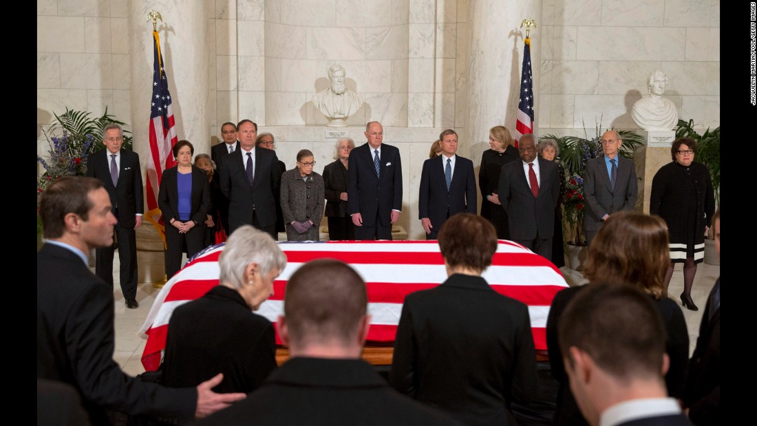 U.S. Supreme Court justices attend a private ceremony in the court&#39;s Great Hall on February 19. Facing the camera, from right, are justices Sonia Sotomayor, Stephen Breyer, Clarence Thomas, John Roberts, Anthony Kennedy, Ruth Bader Ginsburg, Samuel Alito and Elena Kagan.