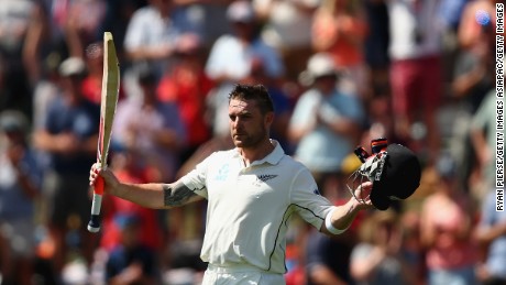 Brendon McCullum of New Zealand leaves the ground after his record breaking 54-ball Test hundred in his innings of 145 in Christchurch.
