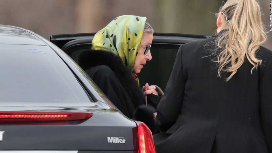 Justice Ruth Bader Ginsburg arrives for Scalia&#39;s funeral on February 20. 