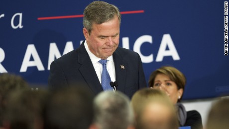 COLUMBIA, SC - FEBRUARY 20:  Jeb Bush reacts as he announces the suspension of his presidential campaign at an election night party at the Hilton Columbia Center in Columbia, SC on February 20, 2016.  Donald Trump won decisively in the South Carolina Republican Presidential Primary, the &quot;first in the south.&quot;  (Photo by Mark Makela/Getty Images)