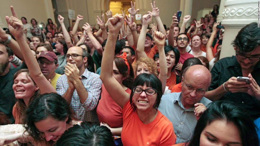 Abortion-rights advocates celebrate the defeat of the measure on June 25, 2013, the last day of that summer&#39;s first special legislative session. Davis&#39; filibuster, combined with protests by supporters, helped defeat the legislation at midnight.