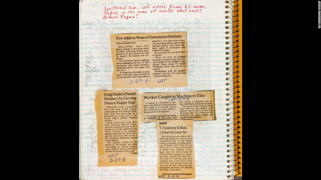 Newspaper clippings were pasted into one of Butler&#39;s commonplace books, circa 1990, alongside handwritten notes and a math equation. 