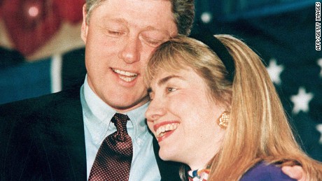 A 1992 photo shows then-Arkansas Gov. Bill Clinton, left, and his wife Hillary, right, embracing.