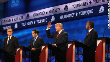 Presidential candidates Donald Trump speaks while Sen. Marco Rubio (R-FL), Jeb Bush, and Ben Carson  look on during the CNBC Republican Presidential Debate at University of Colorados Coors Events Center October 28, 2015 in Boulder, Colorado.