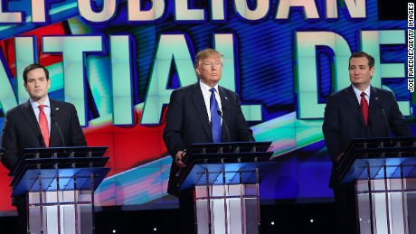 HOUSTON, TX - FEBRUARY 25:  Republican presidential candidates  Florida Sen. Marco Rubio (R-FL), Donald Trump, and Texas Sen. Ted Cruz (R-TX) stand on stage for the Republican National Committee Presidential Primary Debate at the University of Houston&#39;s Moores School of Music Opera House on February 25, 2016 in Houston, Texas. The candidates are meeting for the last  Republican debate before the Super Tuesday primaries on March 1.  (Photo by Joe Raedle/Getty Images)