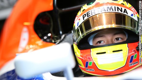 Rio Haryanto of Indonesia and Manor sits in his car in the garage during day four of F1 winter testing at Circuit de Catalunya.