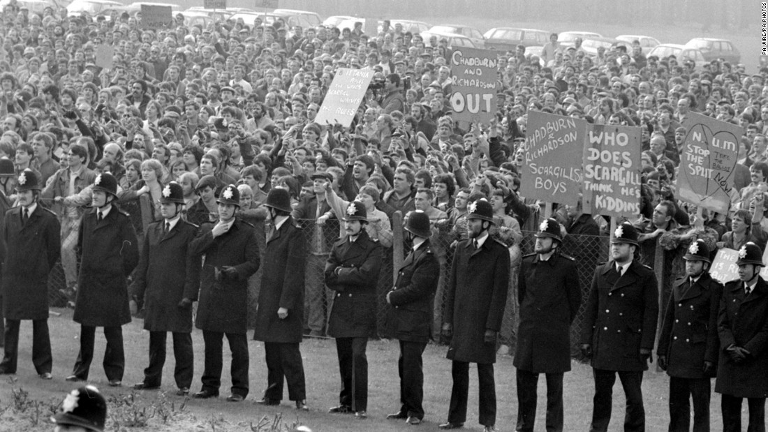 &lt;strong&gt;Miners fight for right to work:&lt;/strong&gt; Lines of policemen stand between two groups involved in a &quot;Right to Work&quot; rally during the 1984 miners strike in the United Kingdom. Mining unions began the yearlong strike -- with more than &lt;a href=&quot;http://www.bbc.co.uk/insideout/eastmidlands/series5/miners_strike_coal.shtml&quot; target=&quot;_blank&quot;&gt;187,000 miners participating &lt;/a&gt;-- as an attempt to stop the closing of coal pits. It&#39;s been called the longest industrial dispute of the 20th century.