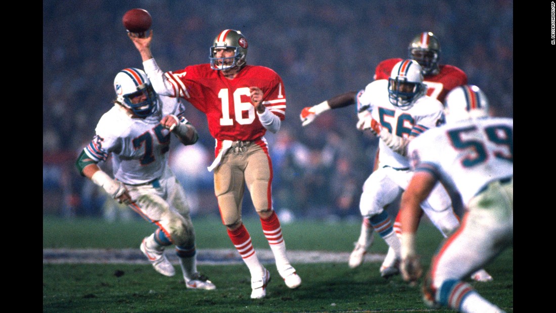 &lt;strong&gt;Not your average Joe:&lt;/strong&gt; San Francisco 49ers quarterback Joe Montana handles the ball under pressure in his team&#39;s Super Bowl win over Miami on January 20, 1985. Montana was named the game&#39;s most valuable player after setting several &lt;a href=&quot;http://www.washingtonpost.com/wp-srv/sports/nfl/longterm/superbowl/stories/sb19.htm&quot; target=&quot;_blank&quot;&gt;records&lt;/a&gt; in that game, including 331 yards passing. Montana and the 49ers won four Super Bowls from 1982-1990.