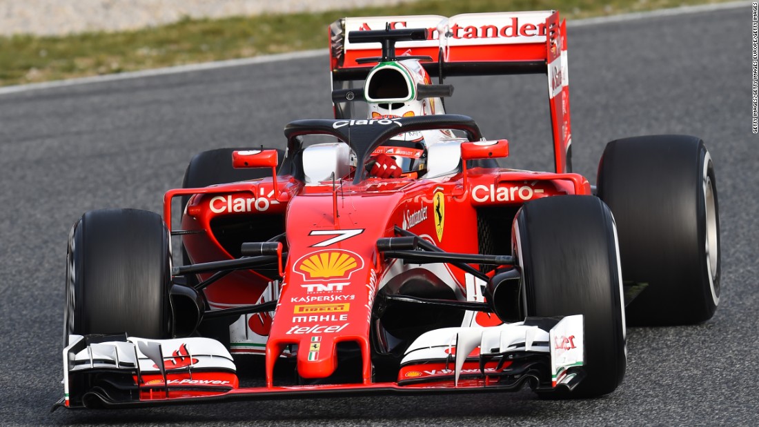 Finland&#39;s Kimi Raikkonen tests the new Ferrari halo on track. The halo is designed to protect the head of the driver. 