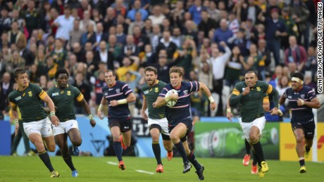USA&#39;s Blaine Scully escapes South Africa&#39;s clutches during the Rugb World Cup pool match  in London in October 2015. 