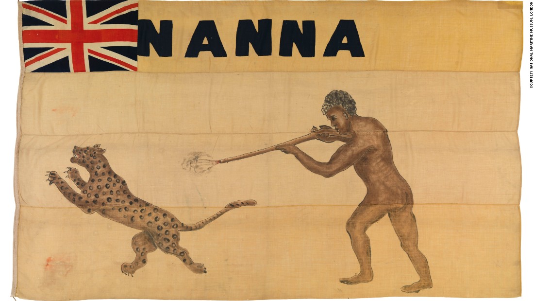 This eye-catching image of a man shooting a leopard dates back to 1894, and is the personal flag of West African Itsekiri chief Nana Olomu. It is one of hundreds of vintage flags housed at the UK&#39;s National Maritime Museum.&lt;br /&gt;