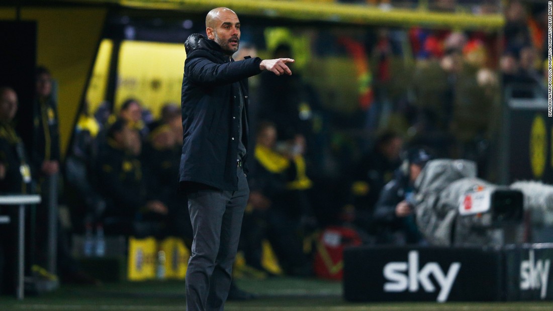Josep Guardiola manager of Bayern Munich gestures during the Bundesliga match between Borussia Dortmund and FC Bayern Muenchen at Signal Iduna Park on March 5, 2016 in Dortmund, Germany.  