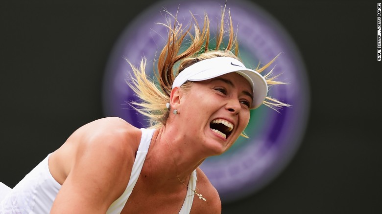 Maria Sharapova of Russia serves in her Ladies&#39; Singles Fourth Round match against Zarina Diyas of Kazakhstan during day seven of the Wimbledon Lawn Tennis Championships at the All England Lawn Tennis and Croquet Club on July 6, 2015 in London, England.  